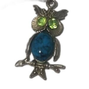 60s Vintage Turquoise Belly Green Crystal Eyes Owl Pendant Chain Link Necklace